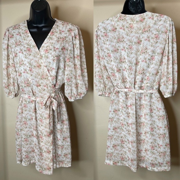 Floral Puff Sleeve Korean Wrap Dress OS / S - Picture 4 of 16